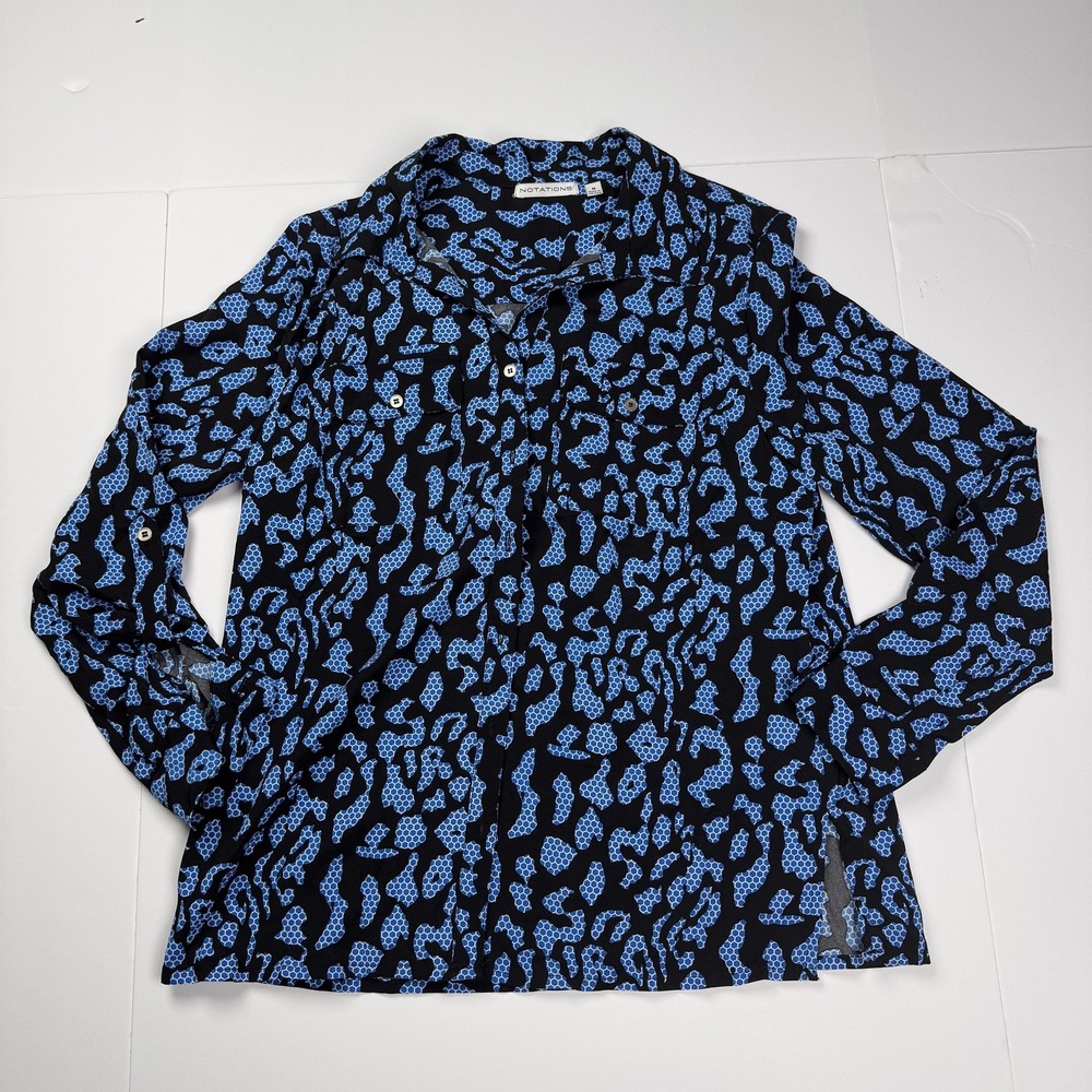 Notations Shirt Womens Medium Blue Black Abstract Print Button Front Top STB6124